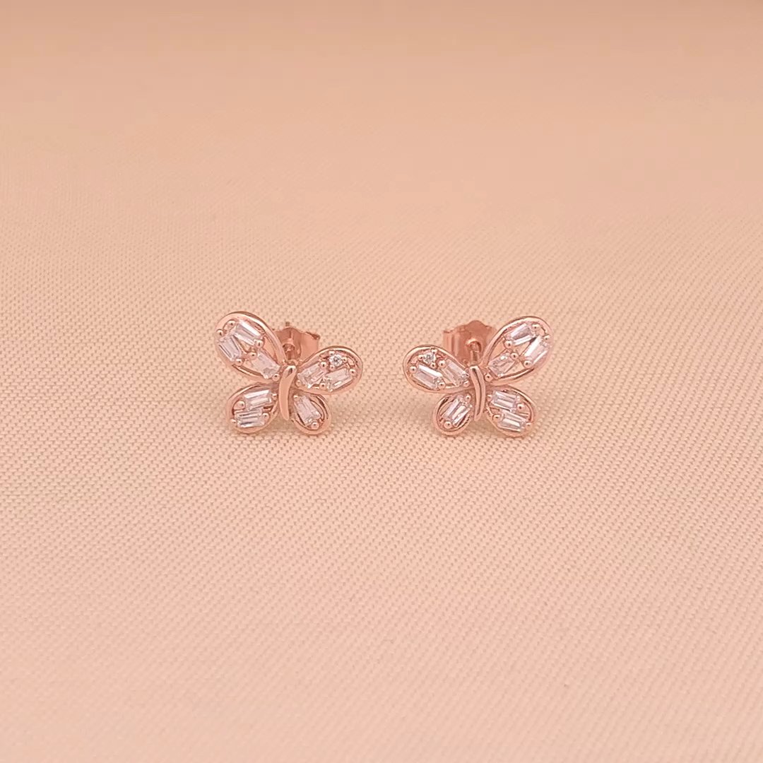 Baguette Wings Stud Earrings (Pure Silver) - Rose Gold
